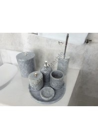 Resim Gri Mermer Klasik Model 7 Parça Gümüş Renk Düğme Aksesuarlı Banyo Seti Gri 