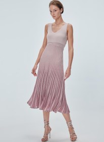 Resim V Yaka Etek Ucu Pileli Pembe Midi Elbise 