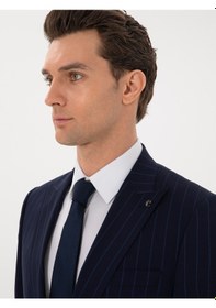 Resim Cacharel Koyu Lacivert Slim Fit Çizgili Kırlangıç Yaka Yün Takım Elbise 