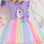Resim Koviviky Kızlar için Yazlık Unicorn Baskılı Tül Etek, Yaprak Kollu ve Fiyonk Detaylı - Diz Boyu Parti Elbisesi, Doğum Günü, Oyun Zamanı & Özel Günler İçin, Esnek Kumaş, Şeffaf Olmayan Malzeme 