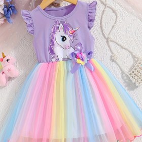 Resim Koviviky Kızlar için Yazlık Unicorn Baskılı Tül Etek, Yaprak Kollu ve Fiyonk Detaylı - Diz Boyu Parti Elbisesi, Doğum Günü, Oyun Zamanı & Özel Günler İçin, Esnek Kumaş, Şeffaf Olmayan Malzeme 