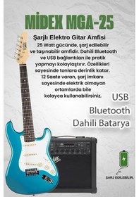 Resim Midex Rph-30tr-25amp Turkuaz Renk Strat Kasa Sss 25w Amfili Elektro Gitar Seti 