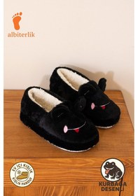 Resim Albishoes Kışlık Içi Tüylü Kadın Ev Ayakkabı Kurbağa Figürlü Kaydırmaz Rahat Taban Panduf Ev Botu Siyah 