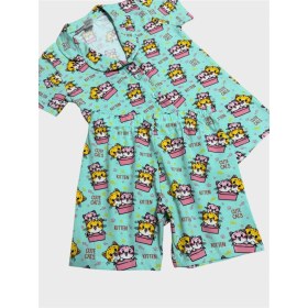 Resim Elmas Kids Kız Çocuk %100 Pamuklu Yeşil Kedi Desenli Gömlek Yaka Düğmeli Kısa Kollu Şortlu Pijama Takımı 