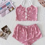 Resim Kadınların Kalp Desenli Seksi Kaburga Detaylı Pijama Takımı, Yuvarlak Yaka Sırtı Açık Crop Cami Üst ve Şort, Rahat Bol Kesim, Yazlık Gecelik 