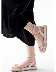 Resim 1001-1120 Beyaz Gümüş Taşlı Günlük Kadın Sandalet Altın - Taba 