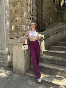 Resim Yüksek Bel Palazzo Metal DüğmePantolon - Mor / 44 