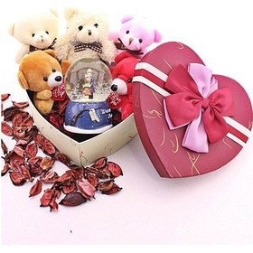 Resim Kalp Hediye Kutusu İçinde Sevgiliye Eşe Sürpriz Sevgililer Kar Küresi & 5 Adet Yavru Ayıcık Seti 