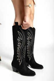 Resim ŞIK STORE Ashton Nakışlı Western Uzun Dizaltı Kovboy Kadın Siyah Süet Bot Çizme 