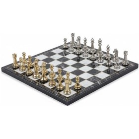 Resim Lüks Metal Satranç Takımı Krom Kaplama Klasik Gold Temalı Figür Siyah Mermer Desenli Tahta 20 Cm. 