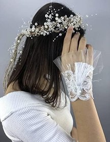 Resim Krem İncili Taç Ve Beyaz Püsküllü Bileklik Nikah Takımı 