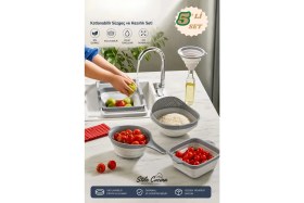 Resim Stile Cucina 5'li Akordiyon Katlanır Süzgeç Seti - Mutfak Çeyiz Seti - (Akordeon Saplı Pirinç Süzgeci Huni Gri) 