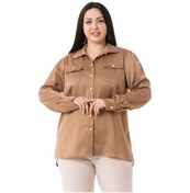 Resim Büyük Beden Gold Düğme Detaylı Saten Vizon Gömlek Vizon 