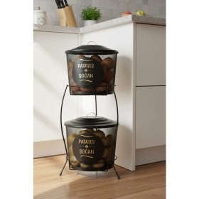 Resim Özbience 2 Katlı Metal Sebzelik, Siyah, Pratik ve Şık Mutfak Organizasyonu 