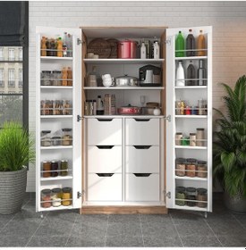 Resim 165 Derece Açılabilir 2 Kapaklı, 6 Çekmeceli, Kavanoz Raflı Kiler Ve Erzak Mutfak Dolabı Atlantik Çam Beyaz 