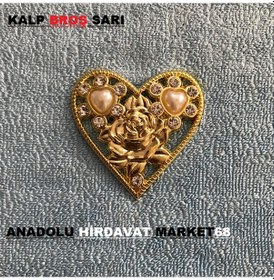 Resim Kalp Desenli Broş Sari Renk Gül Motifli Broş 