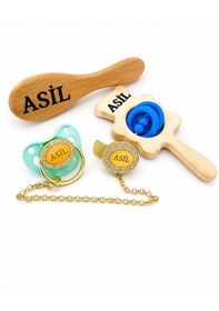 Resim Kişiye Özel İsimli - Emzik - Emzik Zinciri %100 Doğal Organik Ahşap Bebek Fırçası Keçi Kılı - Çıngırak Ahşap 