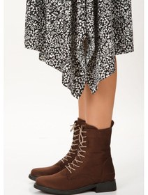 Resim Süet Bağcıklı Ve Fermuarlı Alçak Topuk Kadın Bot Kahverengi 