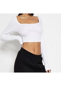 Resim Merlot Kadın Dikiş Detaylı Uzun Kollu Crop Bluz Beyaz 