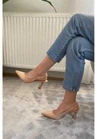 Resim Kadın Nud Rugan Sivri Burun Arkası Acık 8 Cm Topuklu Ayakkabı Rugan 