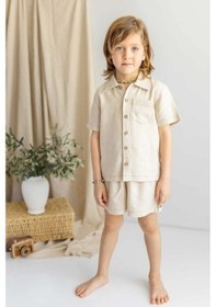 Resim Oliven The Kid Oliventhekid Bej Keten Önden Düğmeli Cepli Kısa Kol Erkek Çocuk Gömlek Bej Bej 