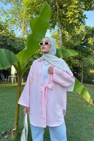 Resim Bipantolon Kadın Pembe Bağlama Detaylı Flam Keten Kimono 