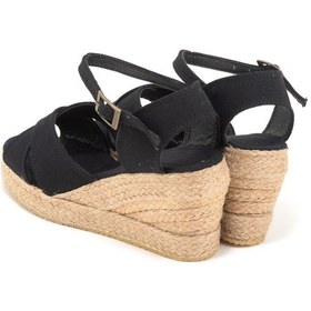 Resim Star Tombis Gerçek Elişi 9cm Topuklu Platformlu Dolgu Topuk Keten Çapraz Sandalet Handmade Siyah 