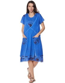 Resim Şile Bezi Saks Kısa Kollu Katlı Midi Elbise Mavi 