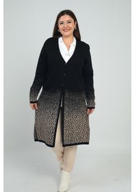 Resim By Saygı Kadın Cepli Leopar Karyağdı Desen Büyük Beden Triko Uzun Hırka-41831 Siyah 