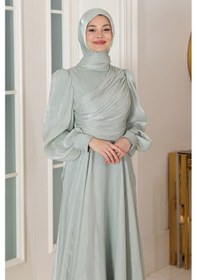Resim Raika Moda Omuz Detaylı Bahar Tesettür Büyük Abiye Su Yeşili 
