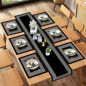 Resim 5 adet Linen Setleri/7 adet Linen Setleri Masa Bezleri ve Masa Bayrakları, Geometrik Yunan Anahtarı Tasarımı Masa Örtüsü, Siyah Dikdörtgen Masa Süsleri, Mevsimsel Mutfak Masa Süsleri, Ev Tatili Düğün Parti Süslemesi için Uygun 