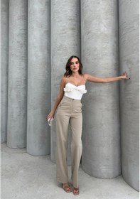 Resim Krem Cep Düğme Detaylı Pantolon Krem 