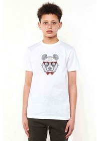 Resim Tshirthane Payonlu Gözlüklü Ayı Baskılı Unisex Çocuk Beyaz T-Shirt 