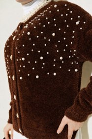 Resim Tesettür Diyarı Vanisa İncili Taşlı Peluş Hırka- Kahverengi Standart (36-42 Uyumlu) 