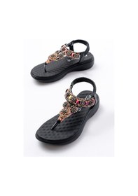 Resim Dm-609 Siyah Taşlı Arka Lastikli Parmak Arası Kadın Sandalet Bej 