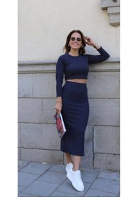 Resim Defymoda Kadın Soft Kaşkorse Kumaş Bluz Ve Yırtmaç Detaylı Etek Ikili Takım Lacivert 