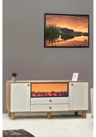 Resim Lidya Şömineli Konsol 2 Kapaklı 2 Çekmeceli Beyaz Alev Efektli 160x80x44 Cm 