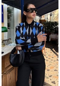 Resim Madmext Siyah Baklava Desenli Polo Yaka Kadın Hırka Mg2478 Siyah 