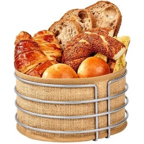 Resim Gümüş Paslanmaz Yuvarlak Ekmek Sepeti Jüt Kumaş, Lüks Sunum Sepeti - Çok Amaçlı Metal Gümüş 