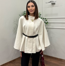 Resim Liya Kemerli Kaşe Beyaz Panço - L 