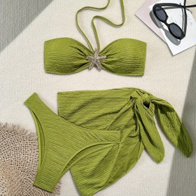 Resim Bayanlar için şık ve seksi düz renk bikini mayo üç parçalı set 