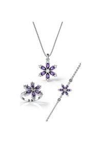 Resim 925 Ayar Ametist Taşlı Rodyum Lotus Çiçeği 3'lü Gümüş Set Gümüş 