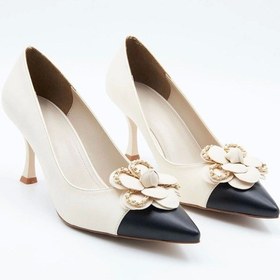 Resim Kadın Abiye Ayakkabı Bej Siyah Tokalı 7cm Topuklu Tam Kalıp Bej-siyah Bej 