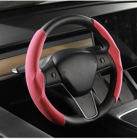 Resim Leezsing Tesla Model 3/y/s İçin Ultra İnce Karbon Fiber Deri Direksiyon Kılıfı - Kaymaz, Nefes Alabilir, Uv Koruma, Kırmızı Renk 