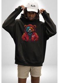 Resim Kırmızı Hoodie Ayı Kadın Erkek Siyah Kapüşonlu Sweatshirt Hoodie Siyah 