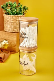 Resim FBZhome 2'li Ahşap Kapaklı Mika Kulak Pamuğu & Diş Ipi Organizeri Akrilik Pamukluk 