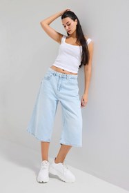 Resim Kadın Ice 4s6-3 Süper Baggy Fit Maxi Boy Bermuda Denim Şort - Ice Rengi / 40 