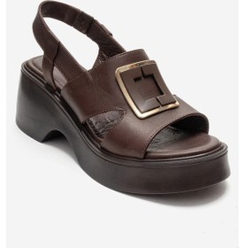 Resim Luvishoes Lucıa Kahverengi Tokalı Hakiki Deri Kadın Dolgu Topuklu Sandalet Kahverengi 