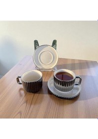 Resim Modern Çizgili 2'li Porselen Çay Fincan Takımı Silver Renk, Sunum Tabağıyla, Şık Ve Zarif Tasarım Silver 