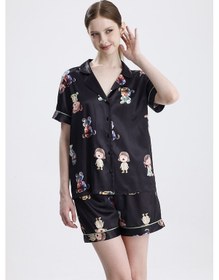 Resim Laperissa Kadın Kısa Kollu Şortlu Pijama Takımı Kız Bebek Desenli Yazlık Rahat Takım Siyah 